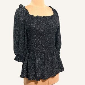 Max Studio Ruffle Blouse M Polka Dot White Black Smocked EUC Boho Peasant Party